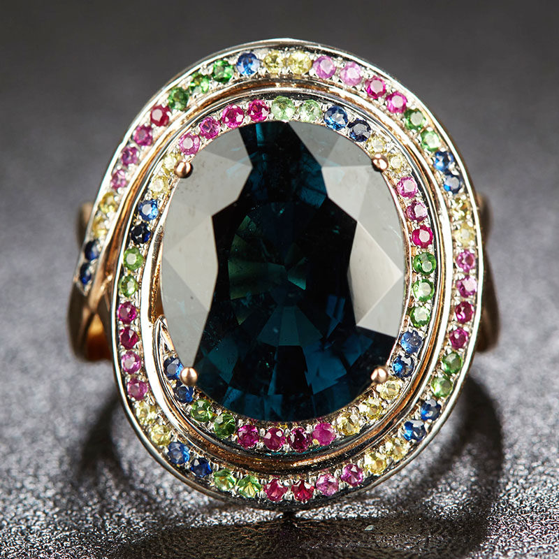 【一元起拍】9.1ct 蓝碧玺戒指18k金镶蓝宝石 红宝石 沙弗莱宝石