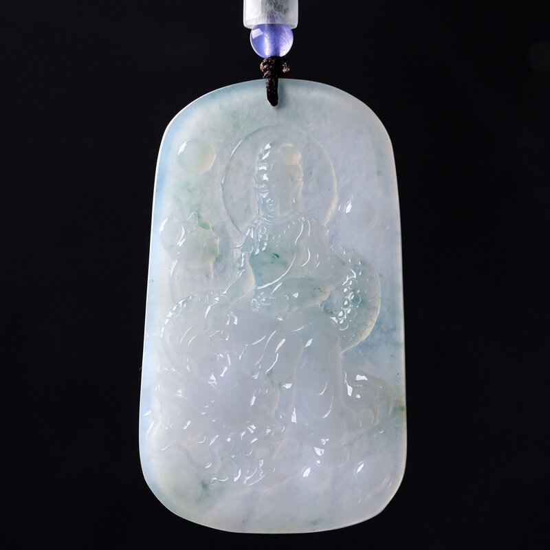 h一元拍卖正品天然a货翡翠高冰种感飘花龙头乘龙观音玉吊坠21.73g