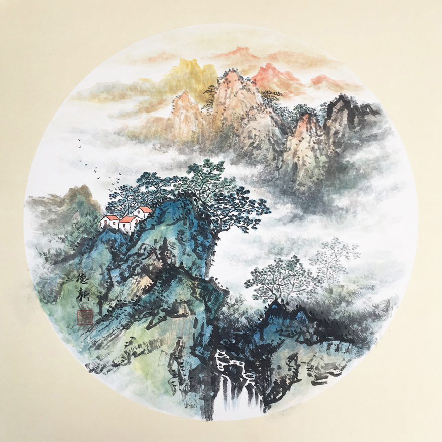 杨德新《扇面山水3》拍卖字画 仿古山水画 纯手绘水墨