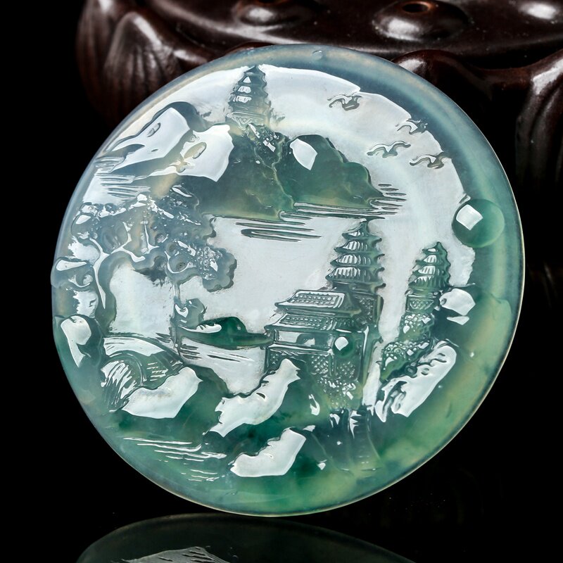 天然a货翡翠玉牌挂件冰种玉牌大件男女款意境山水牌吊坠36.09g