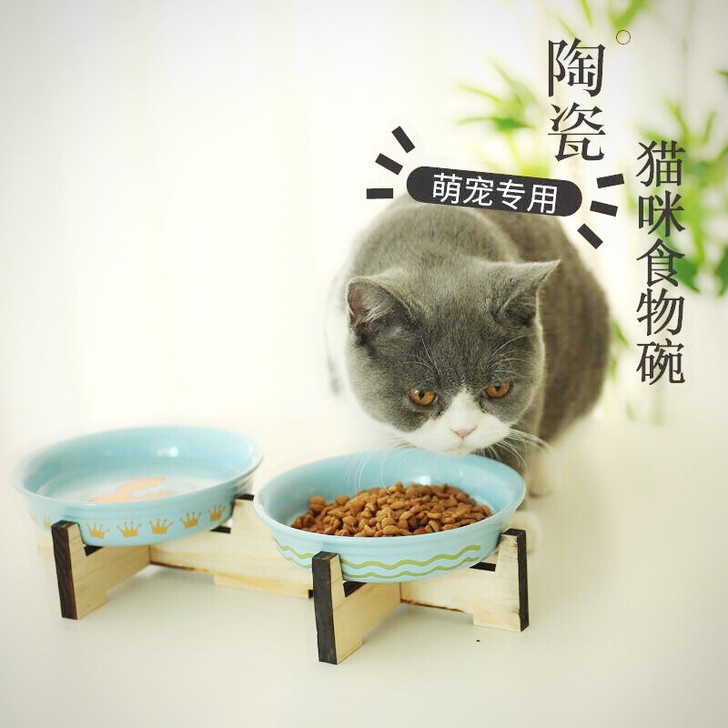 陶瓷猫碗双碗带木架固定猫盆猫咪用品