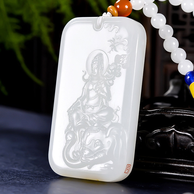 新疆工艺玉雕大师郭磊 和田玉羊脂白玉 普贤菩萨 玉牌挂件78克