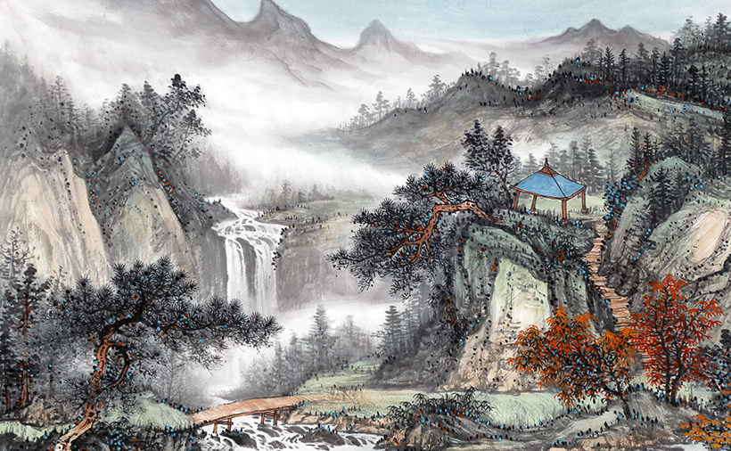 新品 中美协会员龙志军《源远流长》国画山水画客厅装饰6389