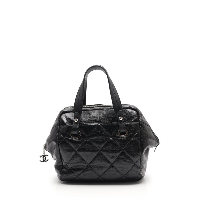 [9.5新]香奈儿chanel女士菱格纹手提包涂层帆布真皮黑色 389228