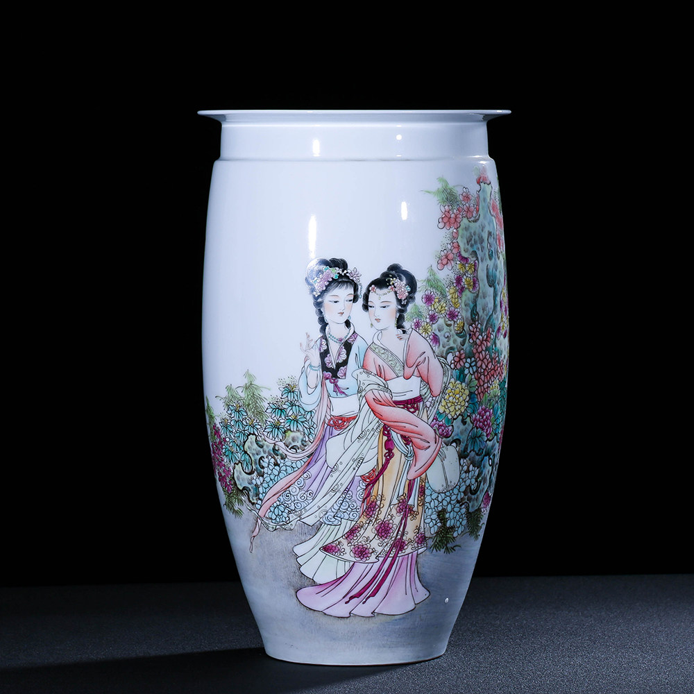 景德镇手绘粉彩仕女姐妹情深花瓶手工家居书房客厅摆件