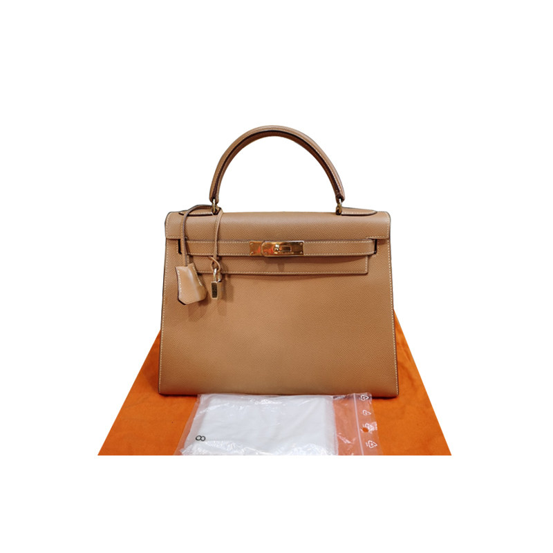 [98新]hermes/爱马仕kelly28 金棕色e皮金扣 手提单肩包