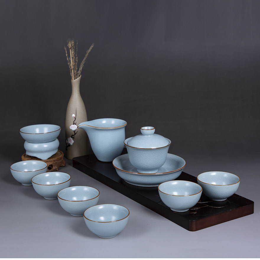 景德镇陶瓷器汝窑天青釉蝉翼纹开片套装颜色釉茶具套