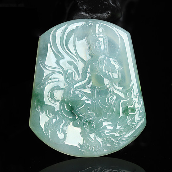 缅甸玉天然翡翠a货老坑冰糯种飘花乘龙观音吊坠30.53g一元起拍卖