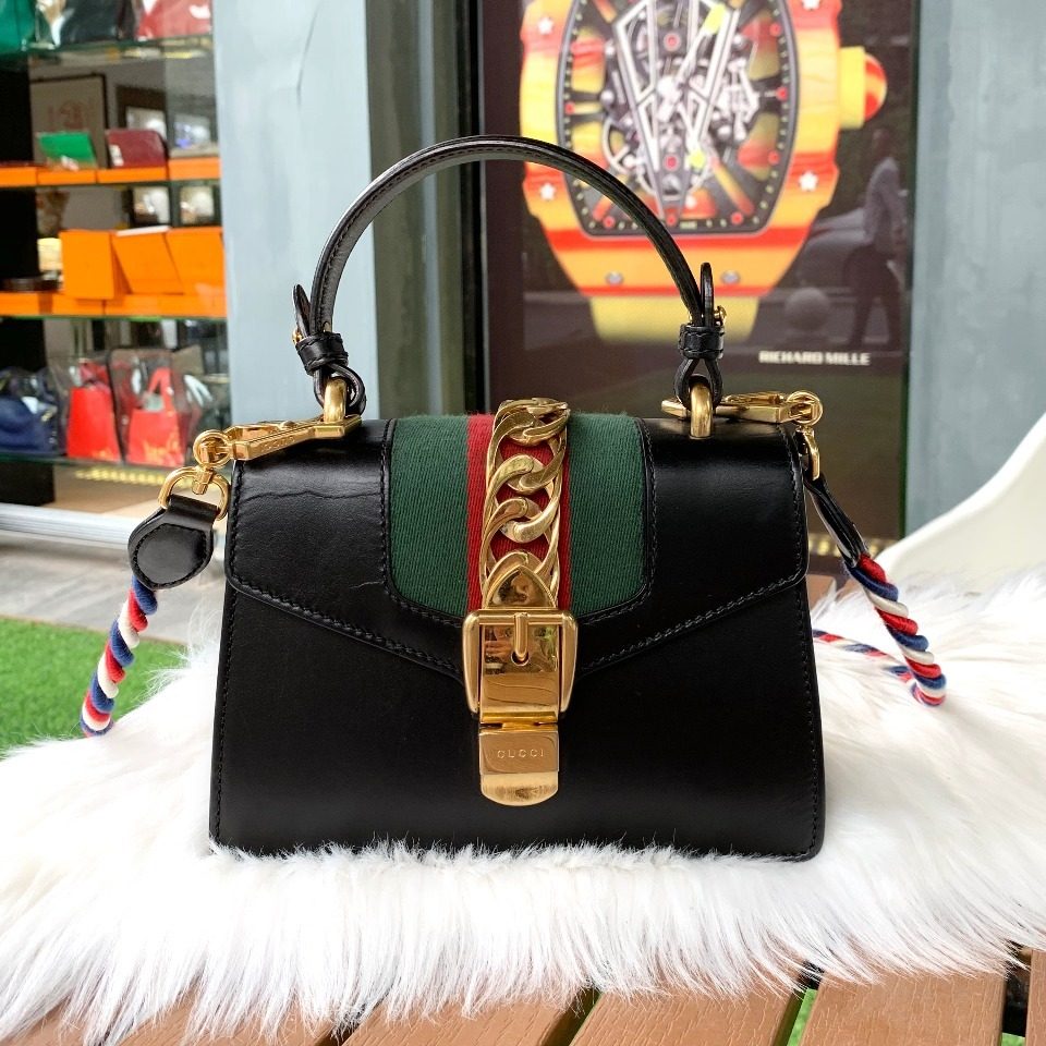 [9.5新]gucci/古奇sylvie系列黑色迷你女士单肩斜挎手提包470270