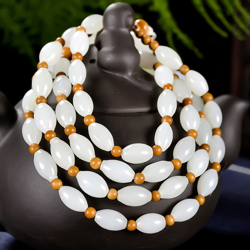 闪拍免保和田玉白玉细润米珠挂件绳子珠链项链35克