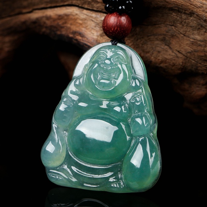 一元拍卖缅甸天然翡翠a货老冰种满绿精雕饱满布袋佛公吊坠5.26g