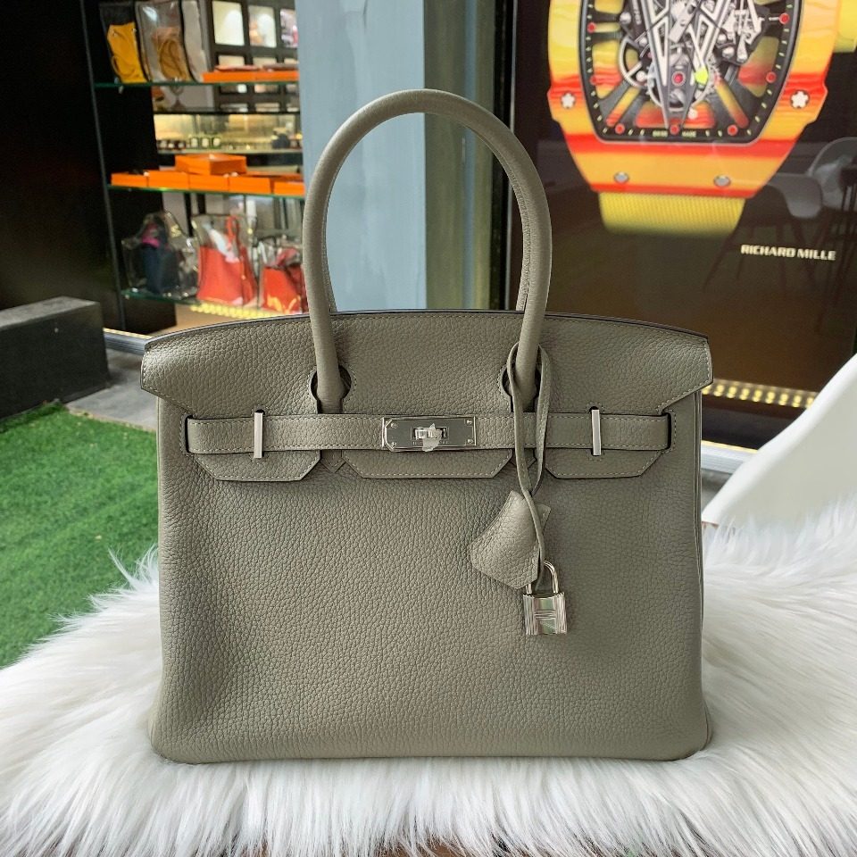 全新hermes/爱马仕birkin30 c刻togo皮鼠尾草灰 银扣 手提女包