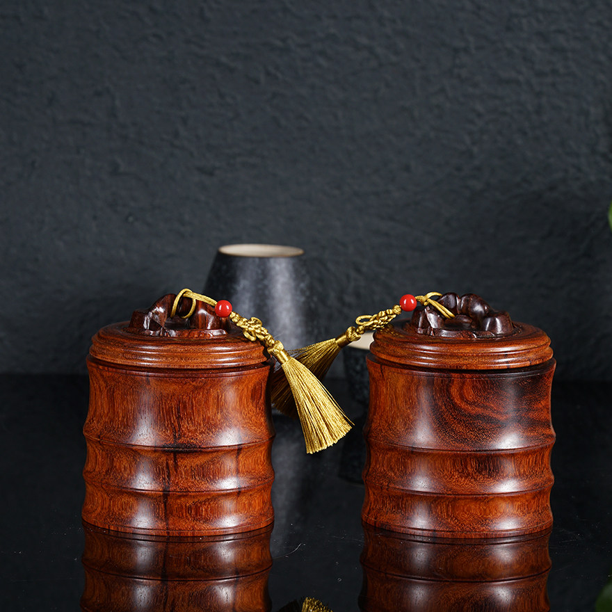 【竹节茶叶罐一对】(503.5g)小叶紫檀工艺品 整木挖空