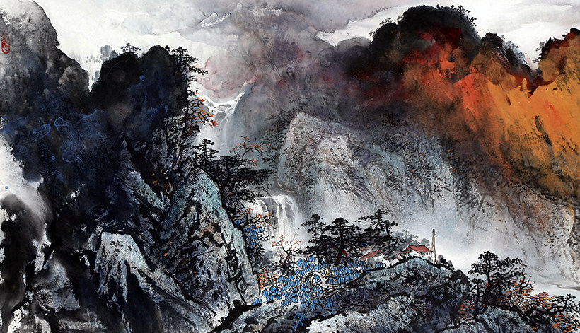 李建文《轻舟已过万重山》彩墨山水画客厅办公室装饰3126