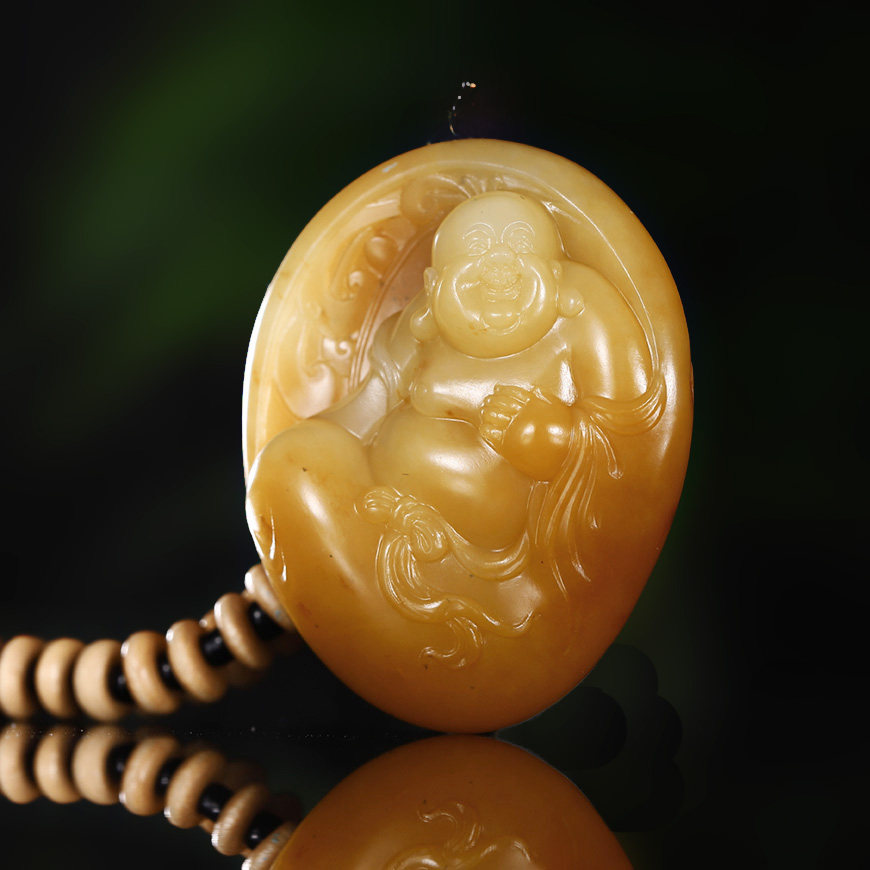 省级玉石雕刻大师仝杰作满黄沁独籽笑佛【笑口常开】和田玉挂件 z