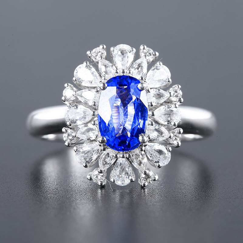 矢车菊蓝天然蓝宝石戒指13克拉18k金镶嵌钻石白蓝宝彩宝lb057