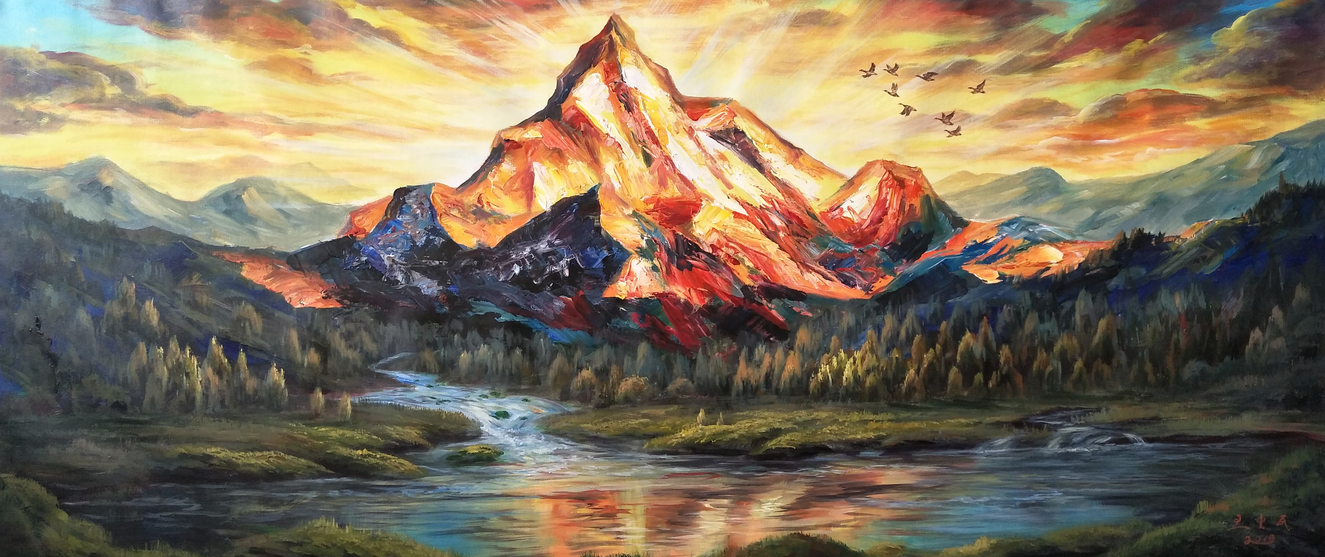 王爱民《金山,祥云,聚财》大尺幅原创布面油画 恩泽旭力