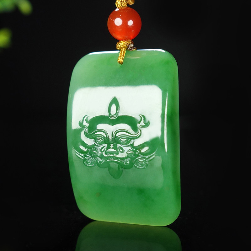 省级玉雕大师时晓铎作品和田玉碧玉守护仿古兽面牌子挂件10.89g