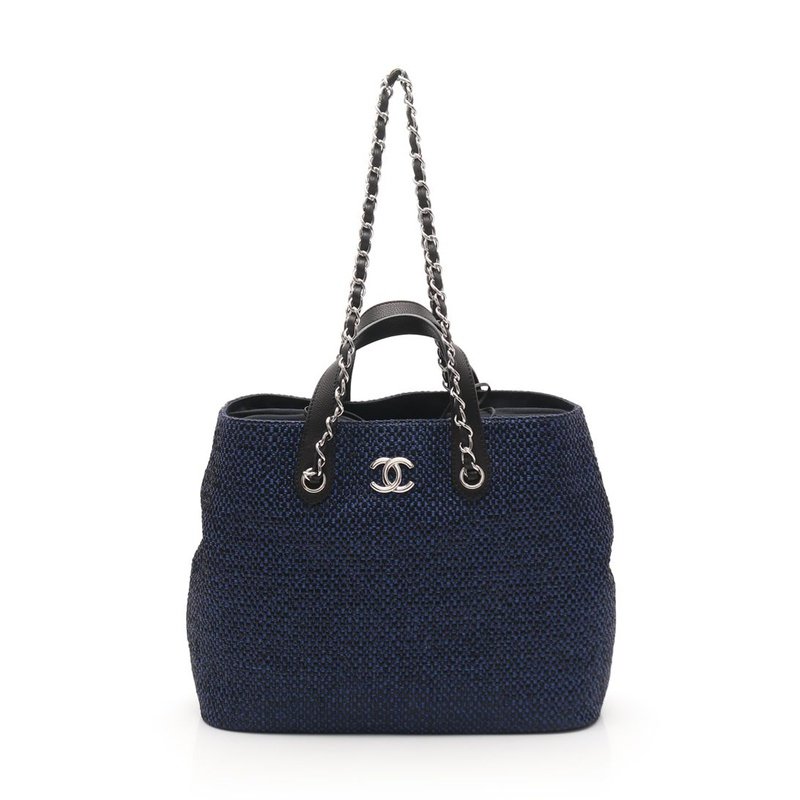 [9.5新]香奈儿chanel女士双c标志链条单肩包麦秆真皮海军蓝434099