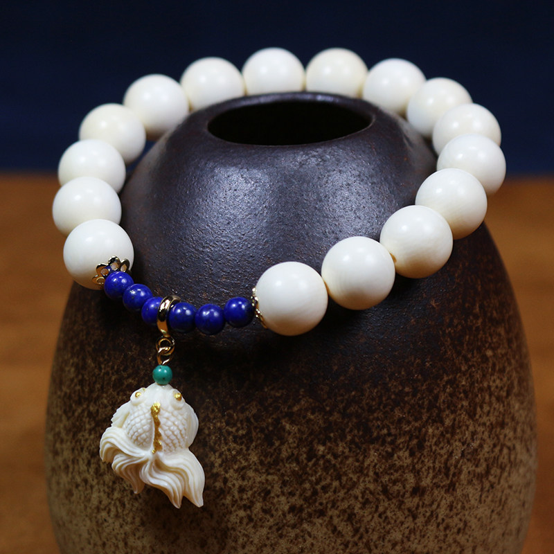 【金鱼手串】 猛犸牙雕 猛犸象牙手串 搭配14k金 青金石