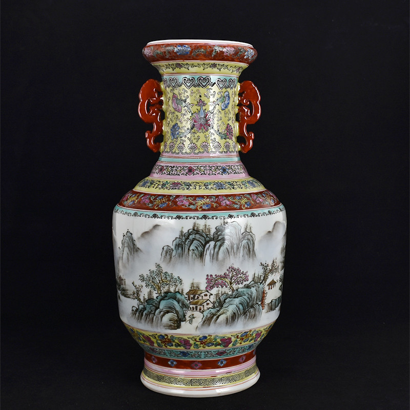 六七十年代景德镇市艺术瓷厂 手绘粉彩双耳湖光山色瓷王瓶