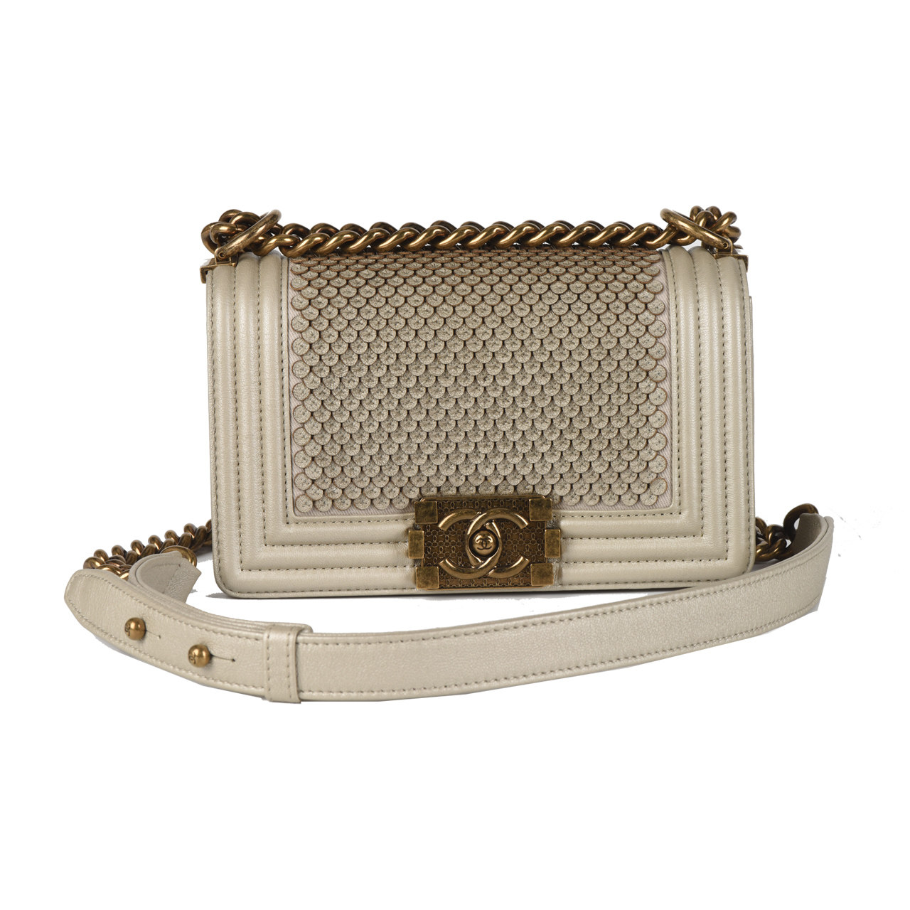 [未使用]香奈儿chanel灰色牛皮鳞片金扣小号斜挎包leboy10014213