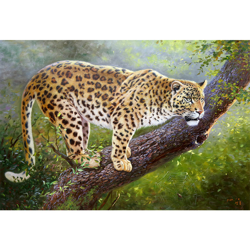 朝鲜油画 一级艺术家郑英勋动物豹子客厅餐厅办公室手绘高端超大