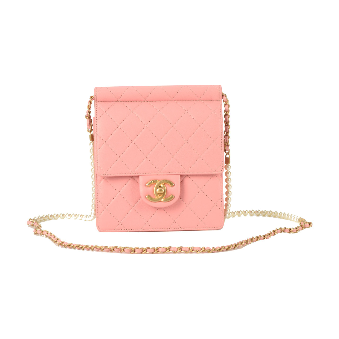 [未使用]香奈儿chanel女士粉色羊皮珍珠金链斜挎小包10016493