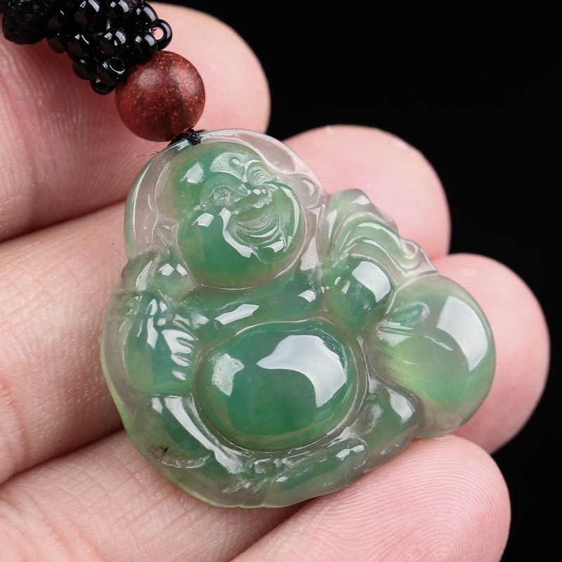 a一元拍卖缅甸天然翡翠a货老冰种满绿精雕饱满布袋佛公吊坠5.60g