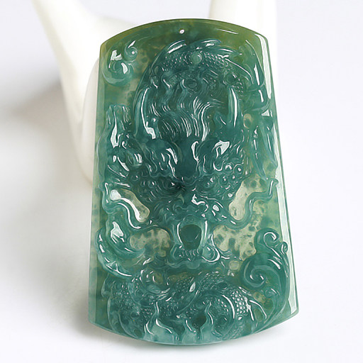 源头好货精品拍卖天然a货翡翠冰种蓝水木那吊坠精雕龙牌32.15g