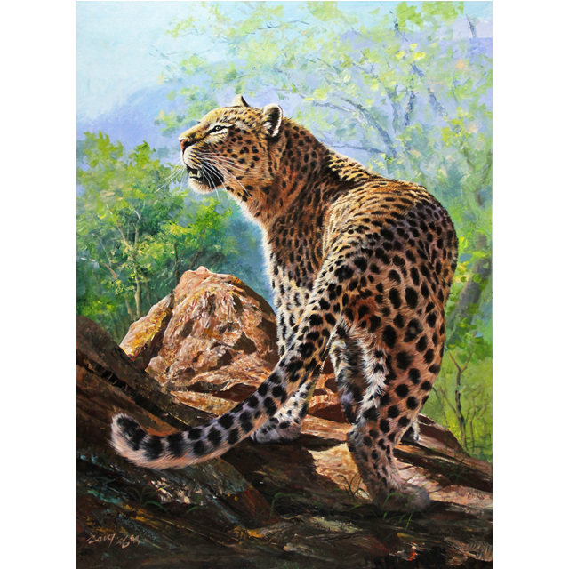 朝鲜一级画家 成赫 《豹子》动物油画 装饰收藏br607