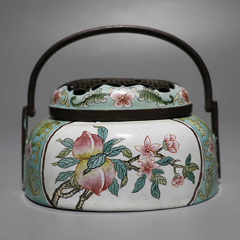 【鬼市】铜胎珐琅手工绘福寿多子纹提梁手炉 仿乾隆年制款 c3782