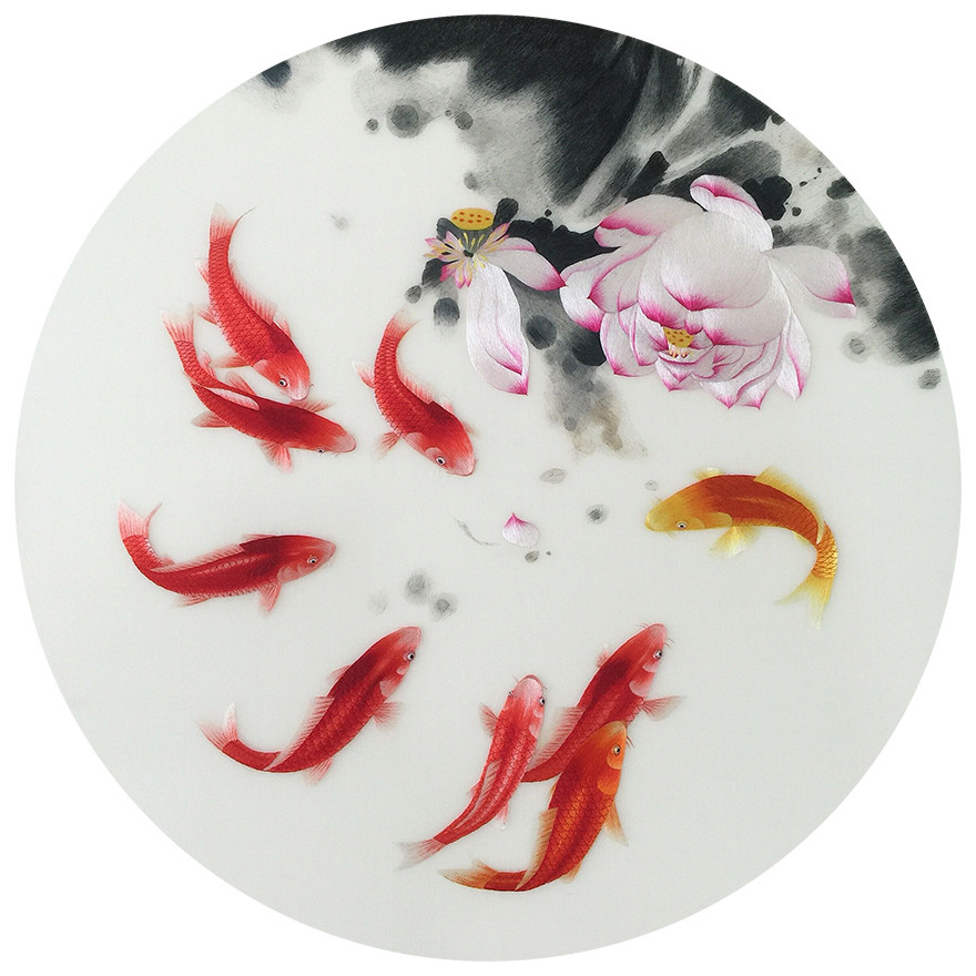 匠心精品《九鲤图》苏绣真丝