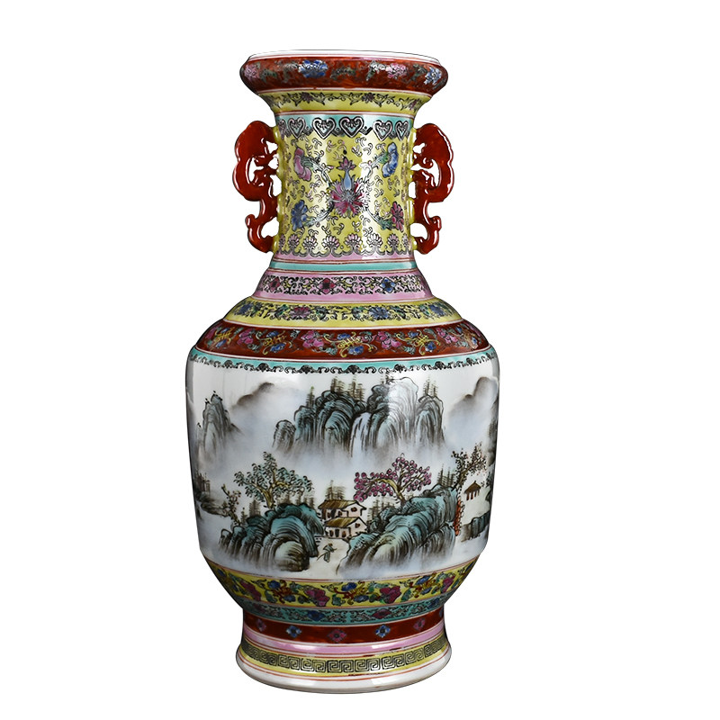 六七十年代景德镇市艺术瓷厂 手绘粉彩双耳湖光山色瓷王瓶