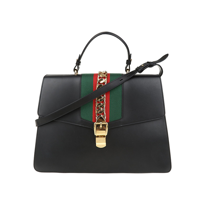 [9.5新]古驰黑色牛皮sylvie系列大号女士两用包