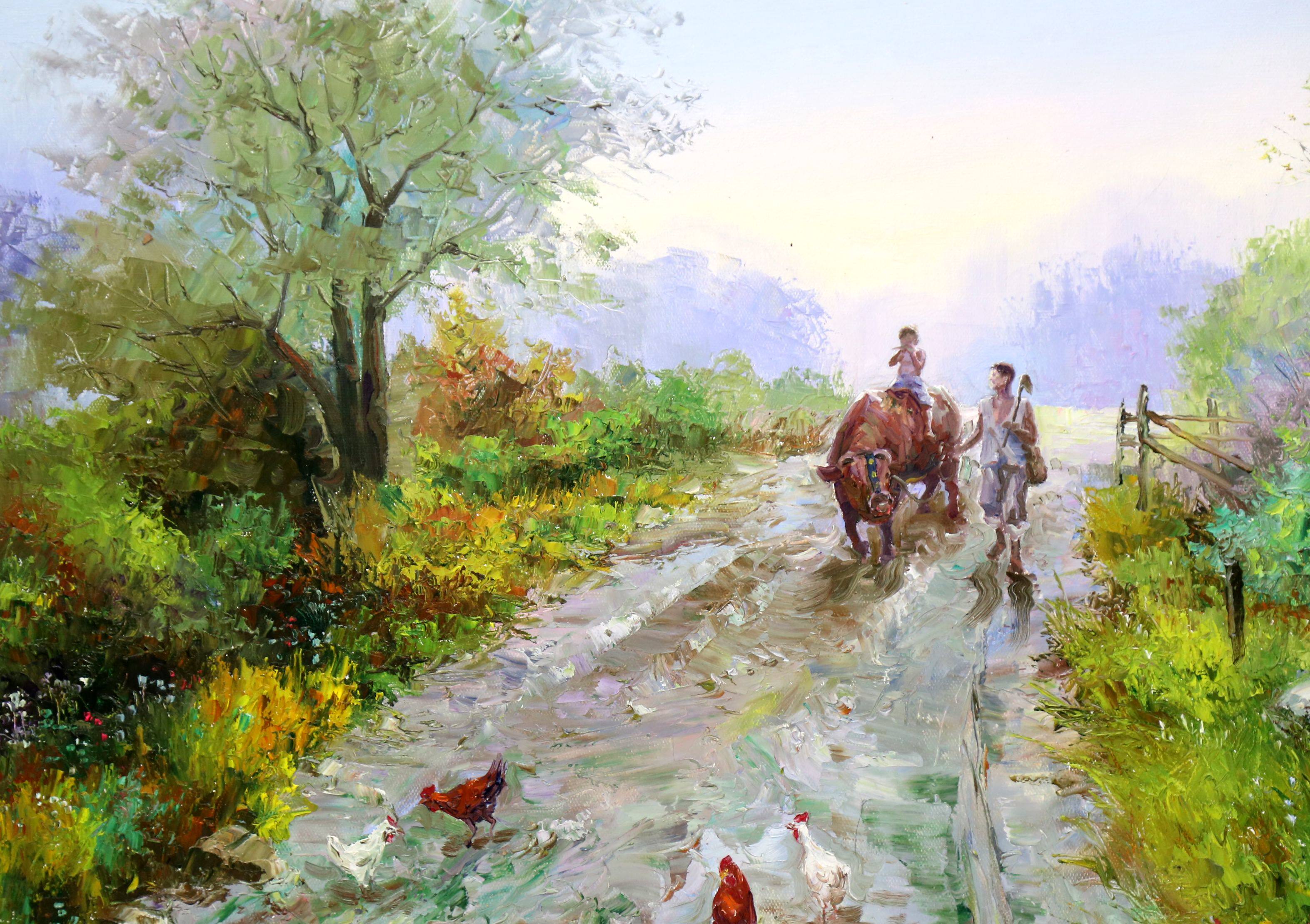 朝鲜油画 一级画家 刘明《风景 牧童》 万寿台创作社 三白梓桐