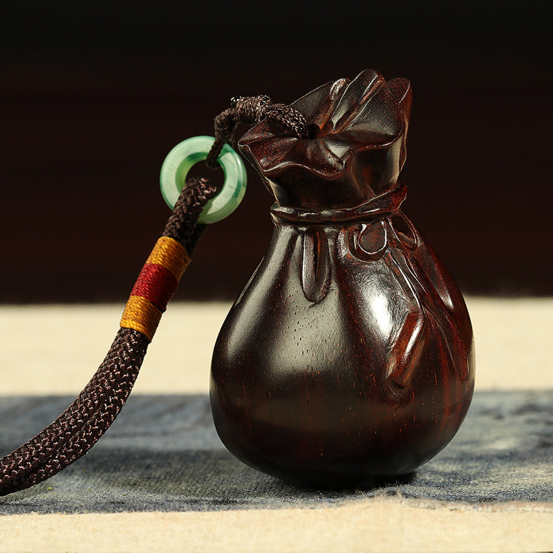 【1元起拍】小叶紫檀金钱福袋手把件 红木钱袋工艺品