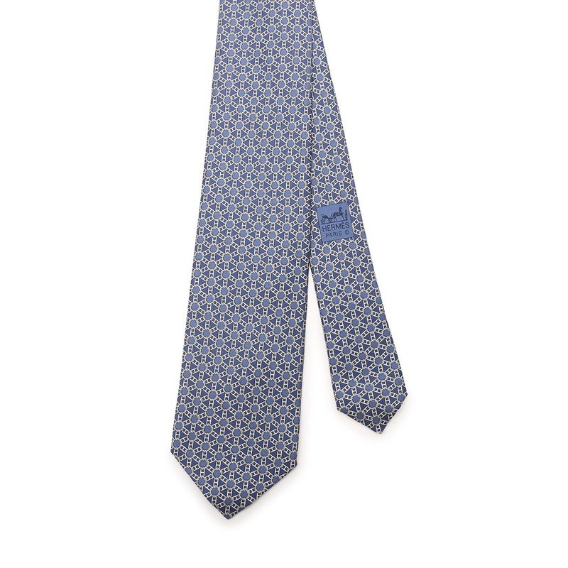 [无保留价9.0新]爱马仕hermes男士领带丝海军蓝象牙白 294775