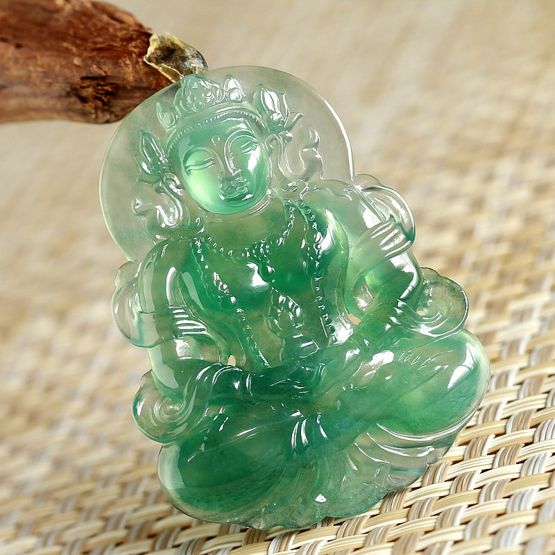 源头好货四会缅甸翡翠a货玉石玻璃种果绿色吊坠观音20.51克拍卖
