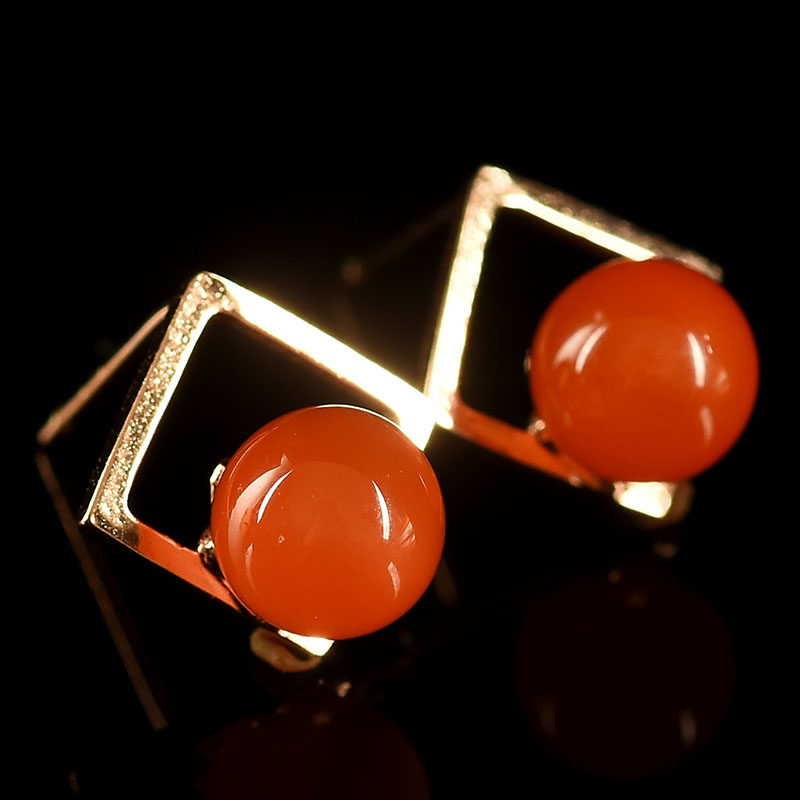 【南红玛瑙圆珠镶嵌耳钉】1.97克7mm油润光滑耳环小精品礼物
