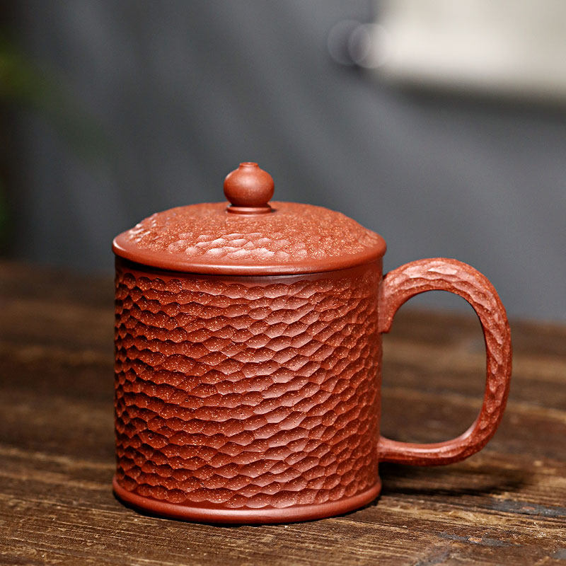 助工【锤目纹盖杯】宜兴紫砂杯全手工锤纹 原矿朱泥办公礼品茶杯