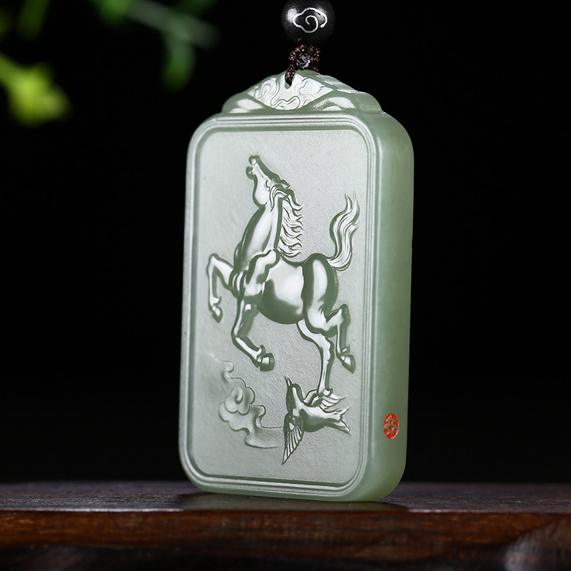 王朝安玉雕工作室  王朝安工作室和田玉【马到成功】生肖马牌子挂件