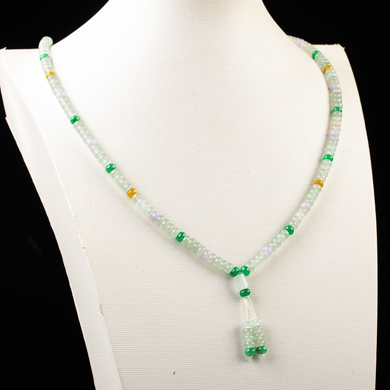 【翡之岛拍卖】天然缅甸a货老坑冰润三彩翡翠项链49.56g