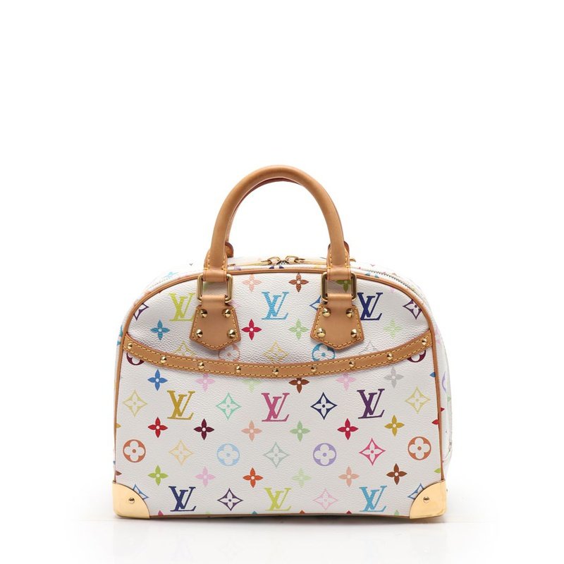 [无保留价9.0新]路易威登lv女老花多彩色手提包pvc真皮白色372807