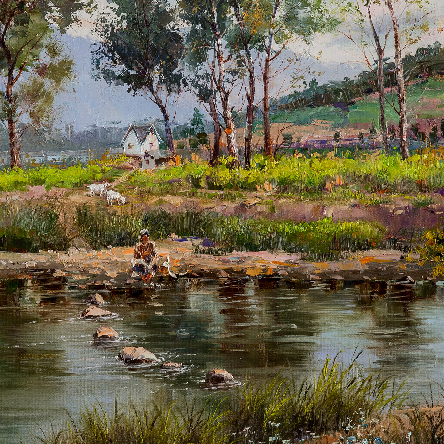 【朝鲜油画】一级艺术家 李刚成《风景 河边》收藏精品 客厅