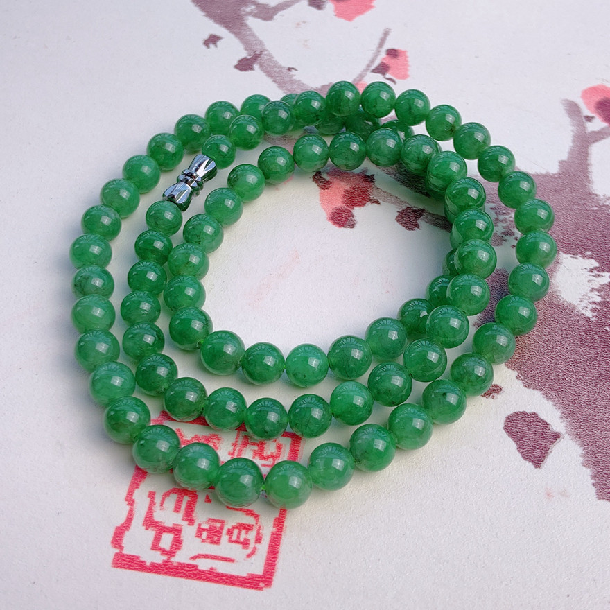 【拍卖】缅甸天然a货翡翠满绿珠形项链 42.37克