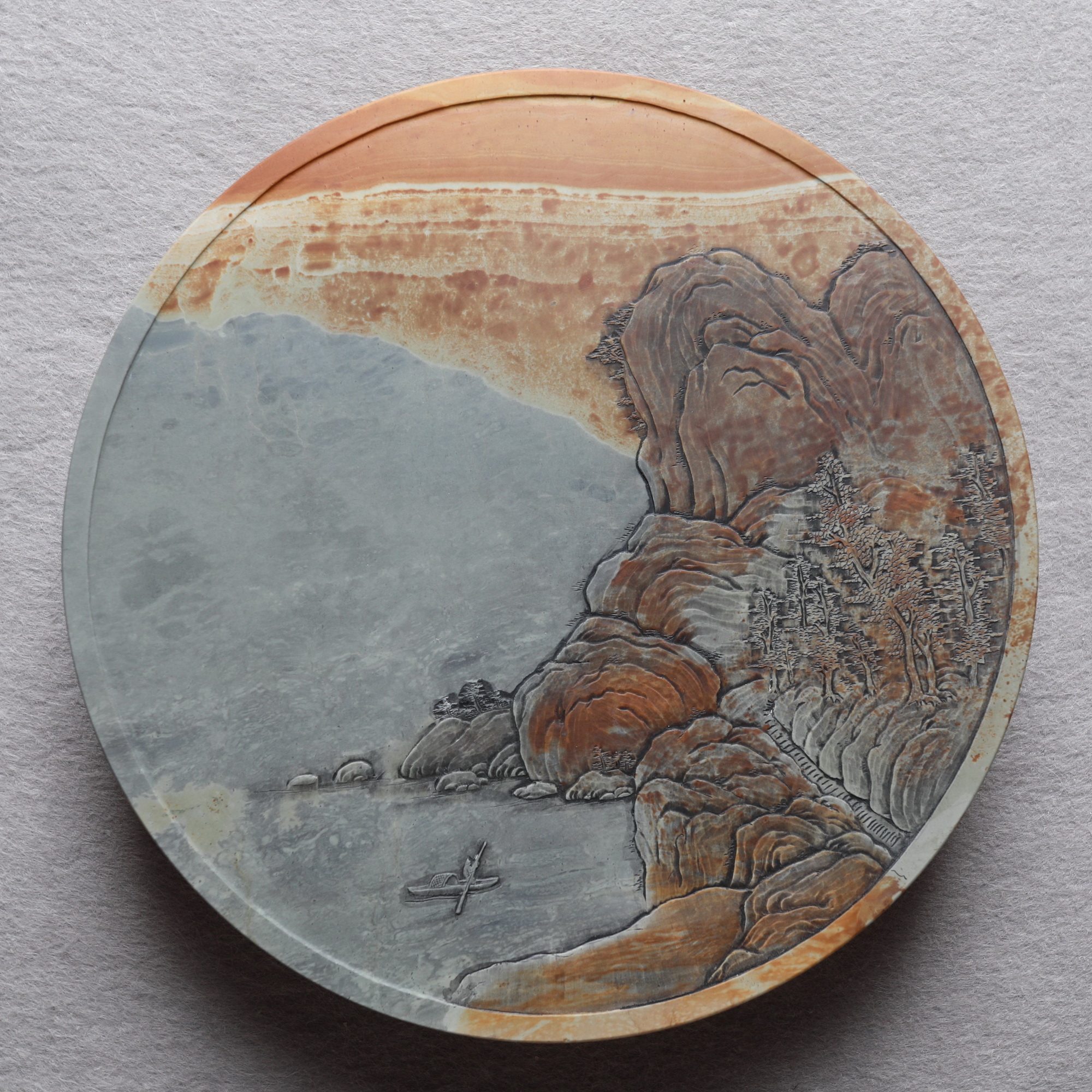 湖光山色砚 木纹石 色彩丰富 设计雕刻独到的精品砚台