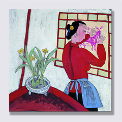 窗花迎春 手绘胡永凯仕女人物油画 中式古典客厅餐厅玄关装饰壁画