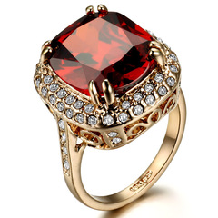 黛若玫瑰金戒指潮女夸张欧美奢华合成红宝石食指环送情侣新年礼物
