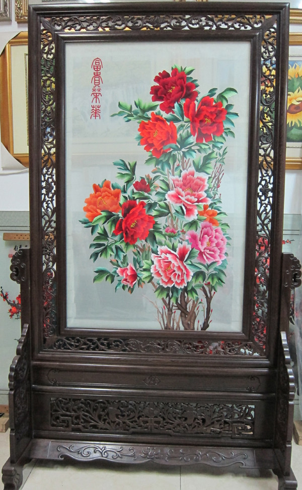 苏绣园精品纯鸡翅木双面绣屏风荣华富贵牡丹苏州刺绣